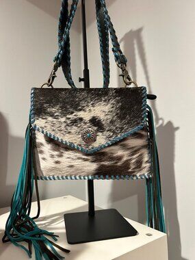 Western Myra Bag Cowhide Fringe Crossbody w/ Turquoise Whip Stitch